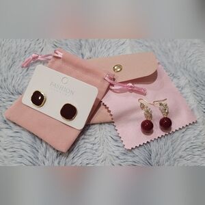 Fashion Jewelry Burgundy and Gold Earring Set — Studs and Drop Dangles